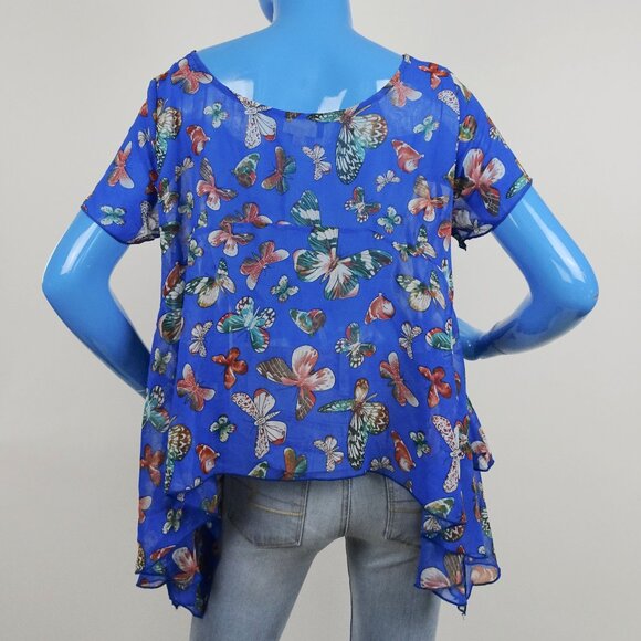 Dorothy USA Semi Sheer Butterfly Top Blouse Hanky Hem M 8 10 Georgette Short Sle - Picture 6 of 6